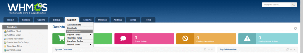 whmcs dashboard